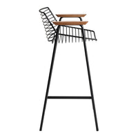 Black metal high chair with wooden accents, featuring a sleek, modern design and minimalist lines.