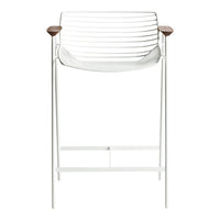 White modern bar chair with sleek horizontal lines and natural wood accents on the armrests.