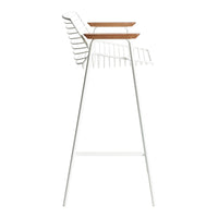 White metal high chair with sleek lines and a natural wood seat. Minimalist design featuring a modern aesthetic.