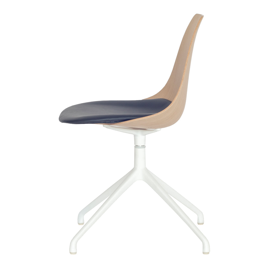 Modern chair featuring a navy blue seat and light wood backrest, complemented by a white metal base.