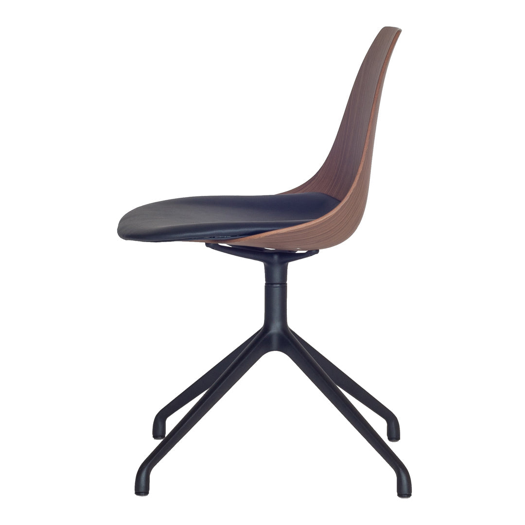 Modern chair featuring a sleek black seat with a warm wood backrest and a minimalistic black metal base.