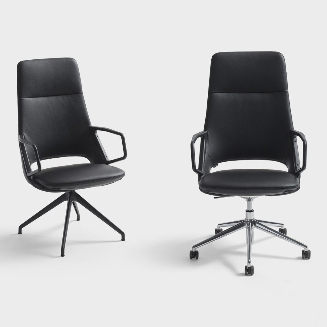 Two modern ergonomic black office chairs with sleek designs and smooth leather finishes. Perfect for any workspace.