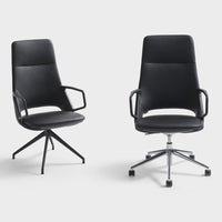 Two modern ergonomic black office chairs with sleek designs and smooth leather finishes. Perfect for any workspace.