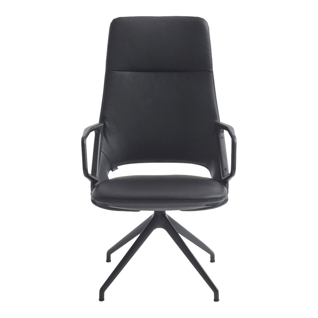 Sleek black leather office chair with smooth finish and minimalist design. Modern, stylish, and versatile for any workspace.