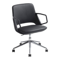 Black faux leather office chair with chrome accents and a sleek, simple design. Ideal for modern workspaces.