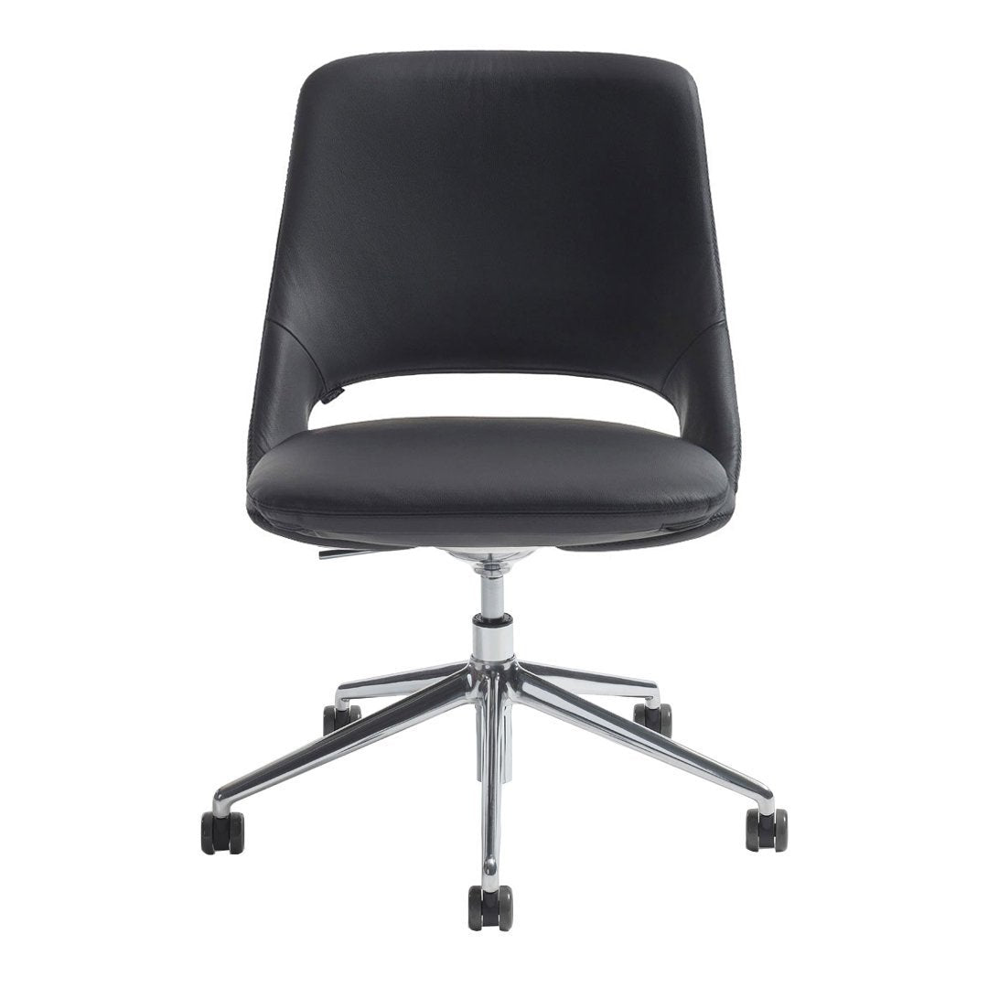 Black ergonomic office chair with a sleek chrome base and smooth, minimalist design. Perfect for modern workspaces.