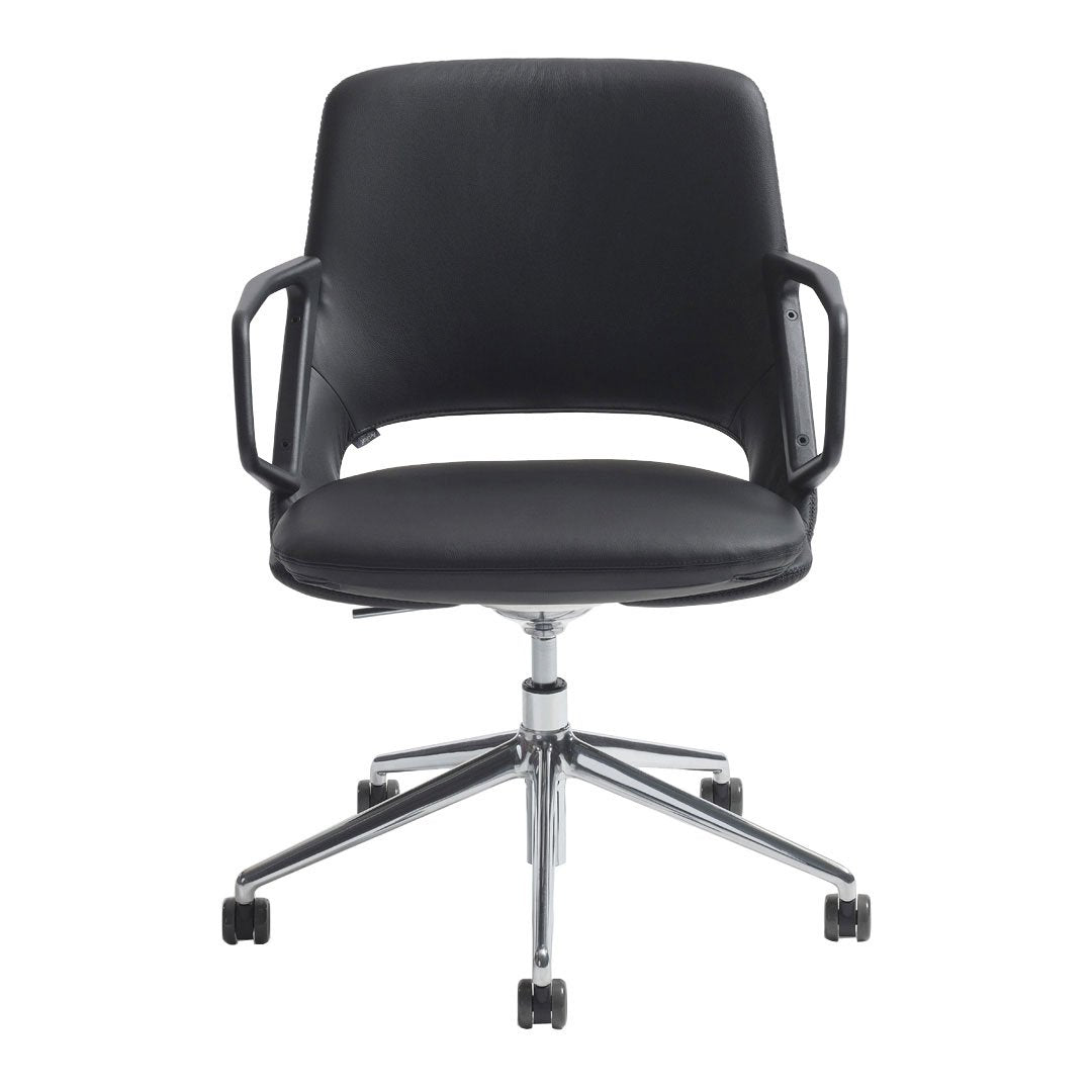 Black office chair with sleek design, featuring a smooth leather finish and chrome accents. Ideal for modern workspaces.