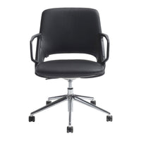 Black ergonomic office chair with chrome accents and a minimalist design, featuring a sleek, smooth finish.