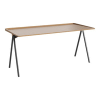 Natural wood tabletop with a smooth finish, supported by sleek black metal legs in a minimalist design.