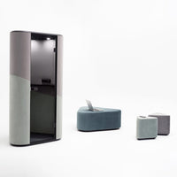 Modern furniture set featuring soft gray, blue, and green tones with smooth, geometric patterns.
