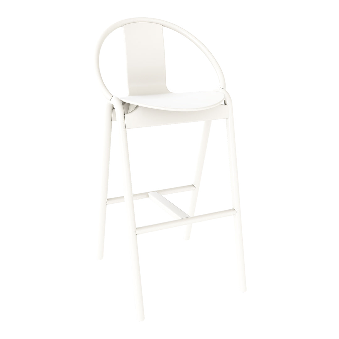 White modern bar stool with a sleek, minimal design and smooth, clean lines. Perfect for contemporary spaces.