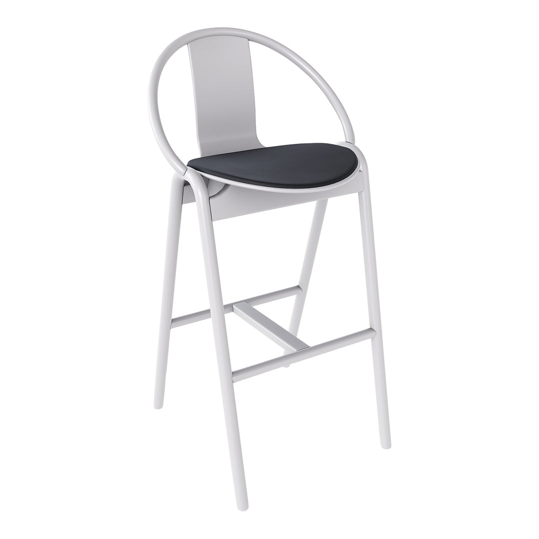 Modern white bar stool with a sleek circular back and dark gray seat, perfect for contemporary spaces.