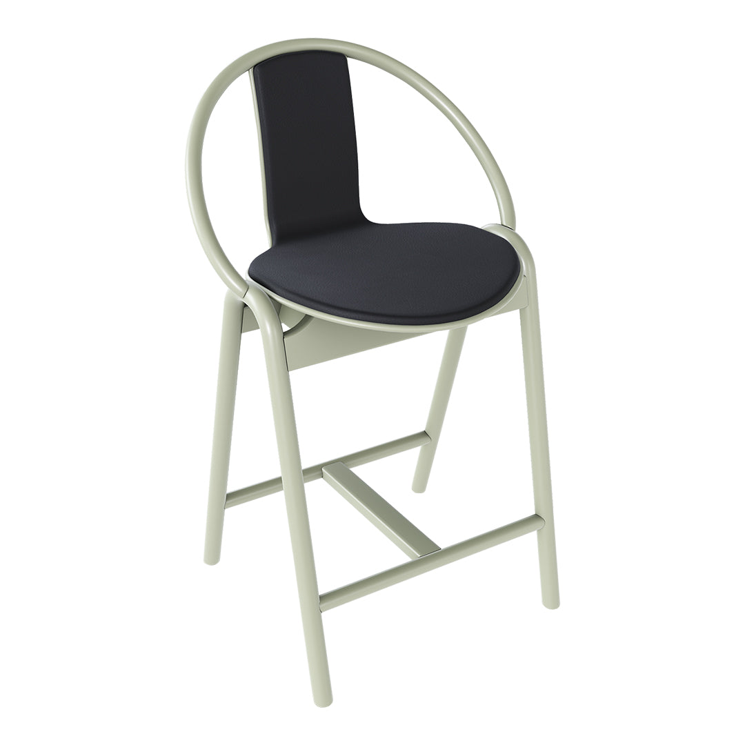 Modern bar chair with a sleek light gray frame and contrasting black seat and backrest, featuring a minimalist circular design.