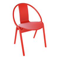 Bright red chair with a minimalist design and smooth, rounded edges, perfect for modern decor.
