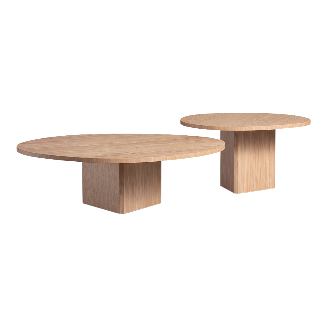 Light oak circular coffee tables with smooth surfaces and minimalist design, featuring natural wood grain patterns.