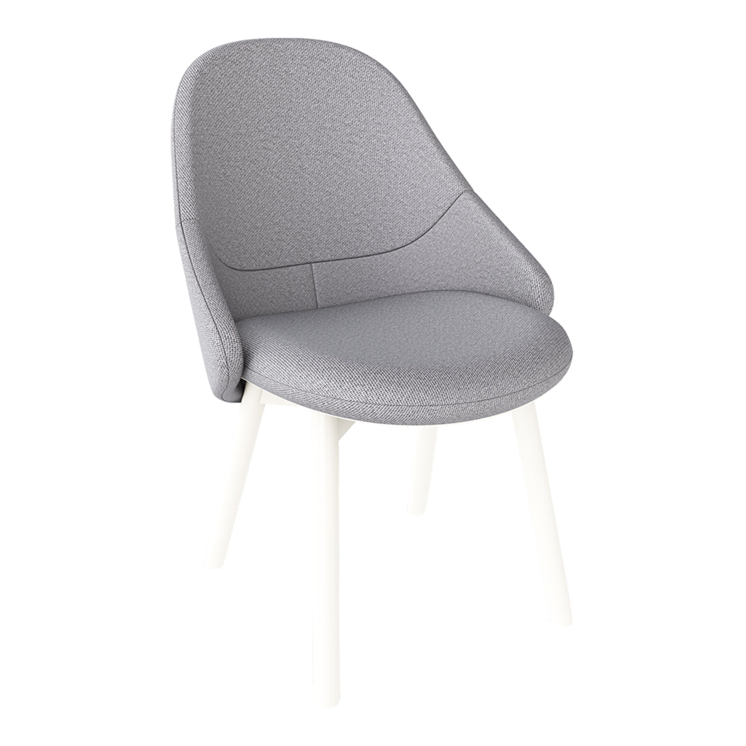 Light gray upholstered chair with a smooth texture and white legs for a modern look.