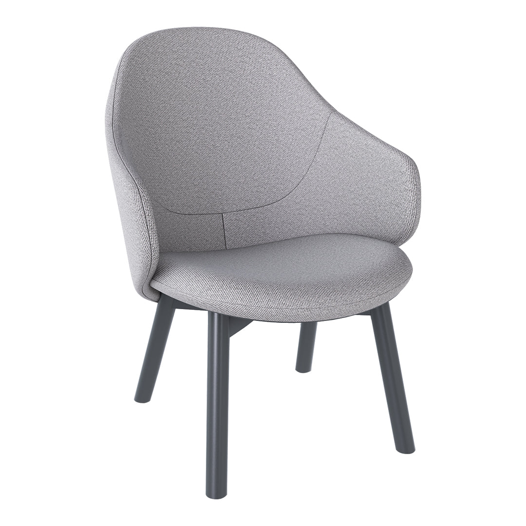 Light gray upholstered chair with a smooth texture and dark gray wooden legs, featuring a modern, minimalist design.