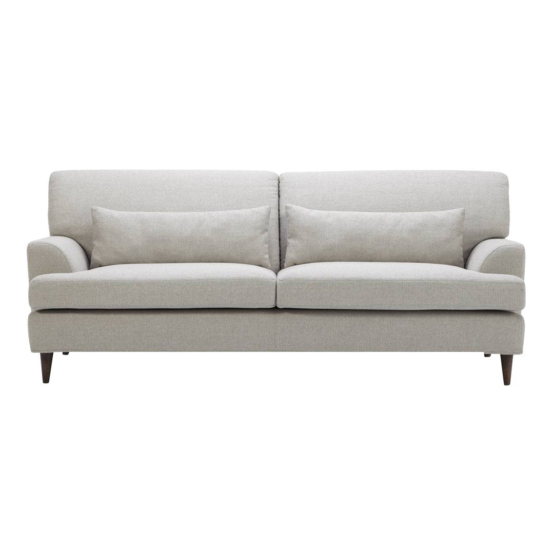 Light gray upholstered sofa with subtle textured pattern and tapered wooden legs. Elegant and modern design for any decor.
