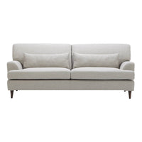 Light gray upholstered sofa with subtle textured pattern and tapered wooden legs. Elegant and modern design for any decor.