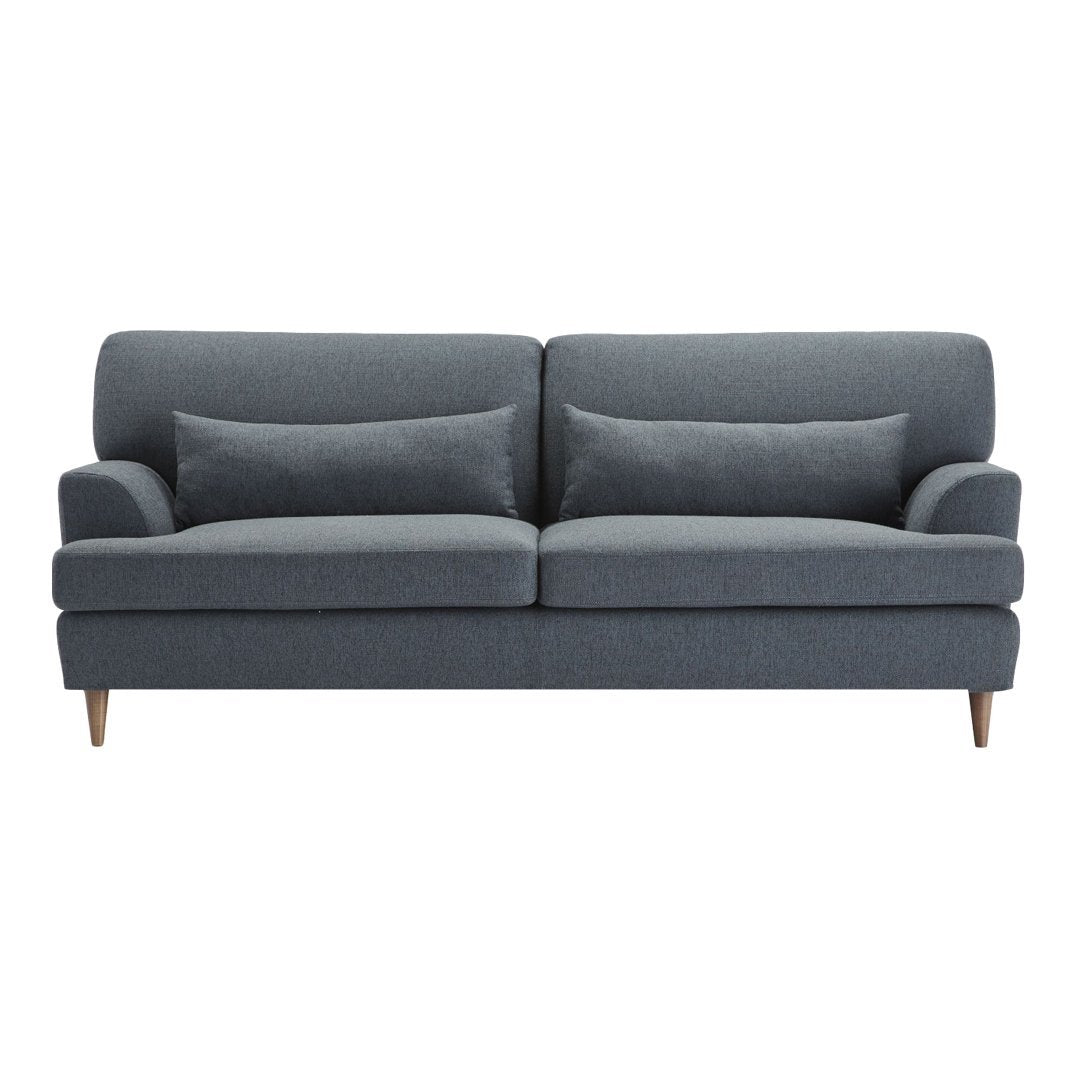 Modern two-seater sofa in dark gray fabric, featuring clean lines and light wooden legs, with smooth cushions.