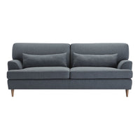 Modern two-seater sofa in dark gray fabric, featuring clean lines and light wooden legs, with smooth cushions.