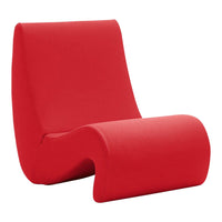 "Vibrant red lounge chair with smooth, curved design and solid color upholstery."
