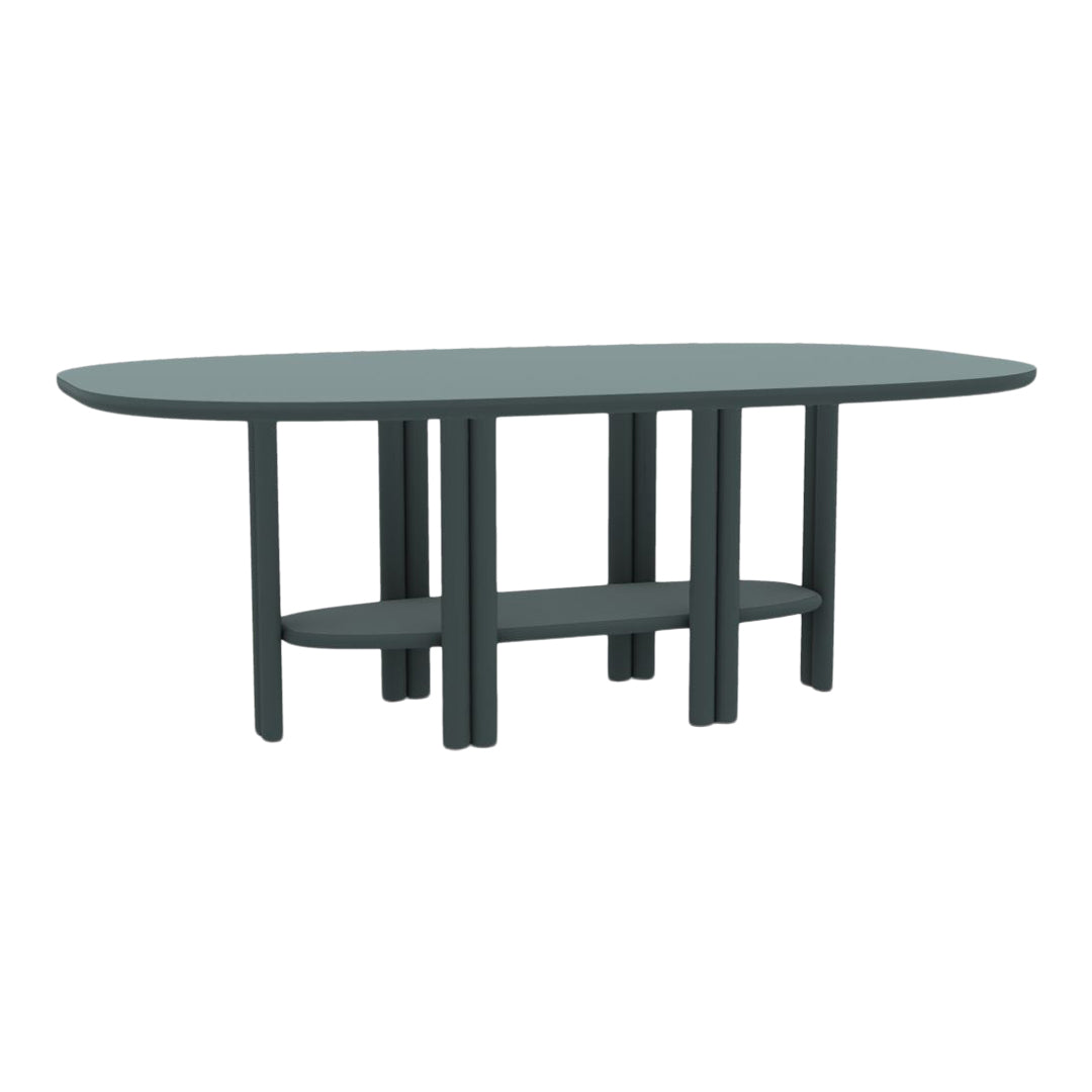 Modern oval table in muted teal with a sleek design and minimalist black legs, perfect for contemporary spaces.
