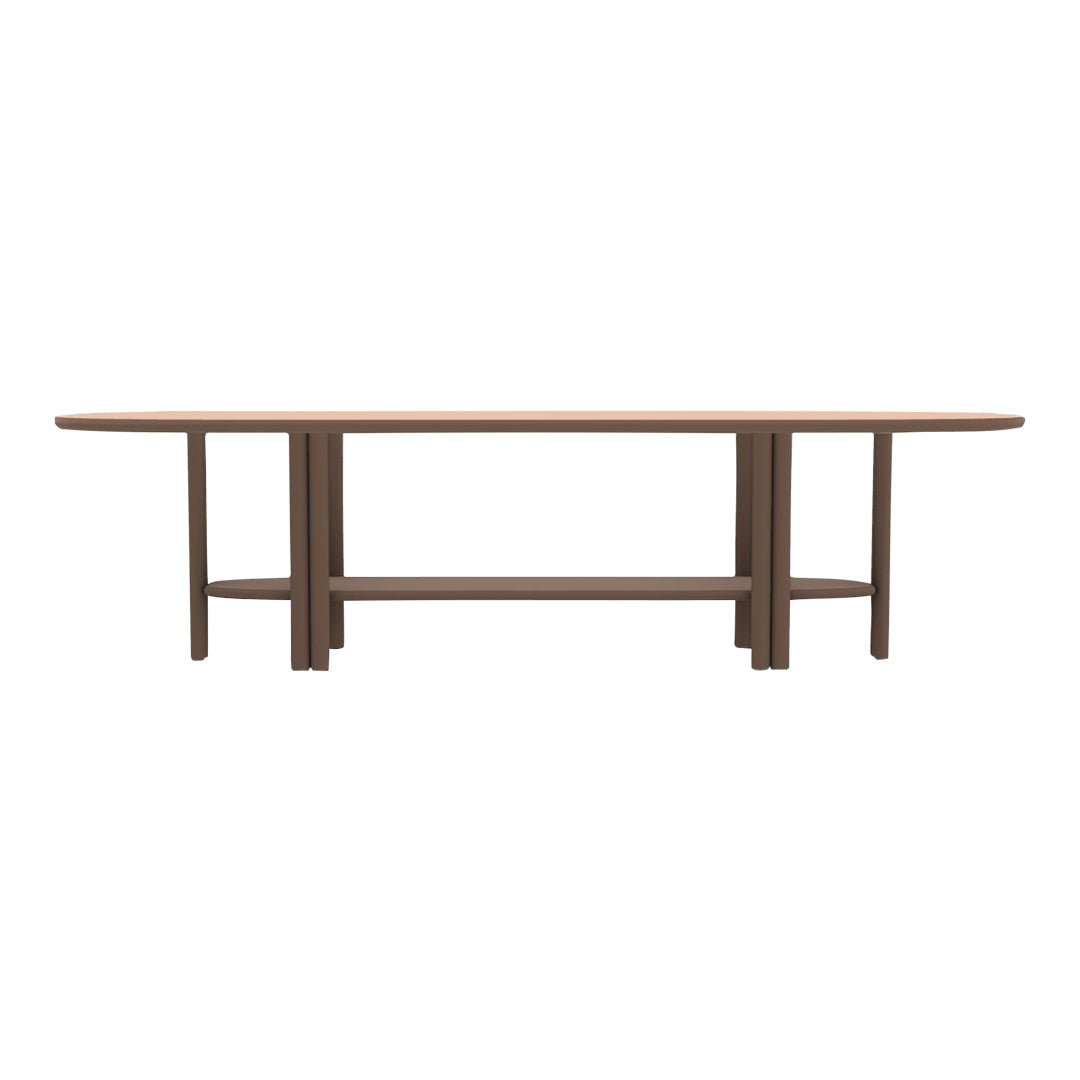 Brown oval dining table with simple lines and a minimalist design. Flat surface and sturdy legs.