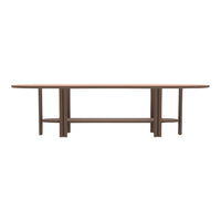 Brown oval dining table with simple lines and a minimalist design. Flat surface and sturdy legs.