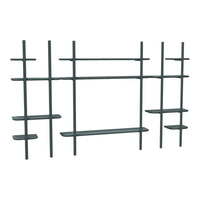 Modern dark green shelving unit with minimalist design and sleek horizontal and vertical lines. Perfect for any space.