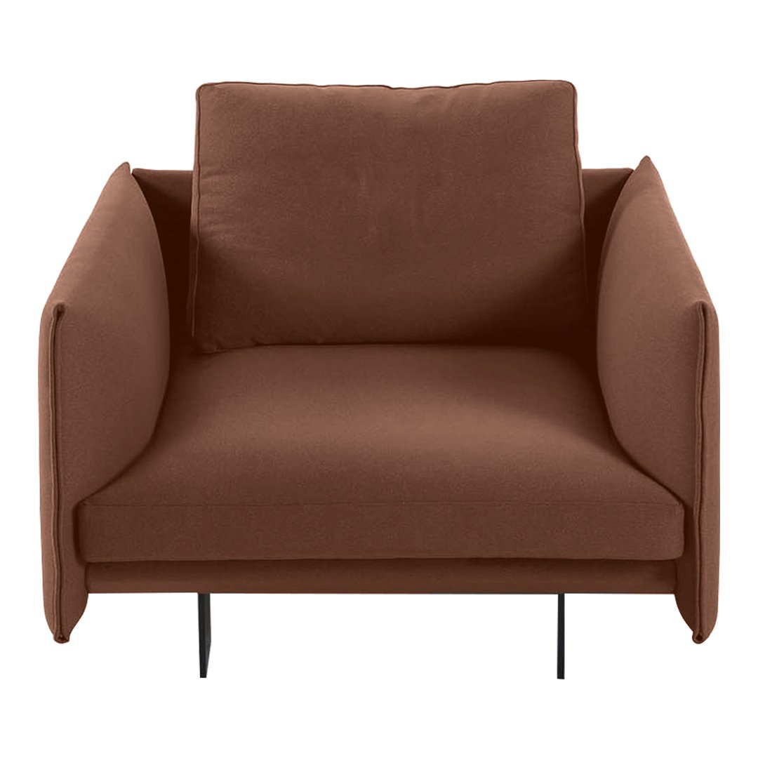 Brown upholstered armchair with a minimalist design and smooth fabric texture, featuring clean lines and no patterns.