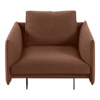 Brown upholstered armchair with a minimalist design and smooth fabric texture, featuring clean lines and no patterns.