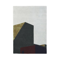 Abstract rug featuring geometric shapes in muted tones of gray, gold, and deep burgundy on a light background.