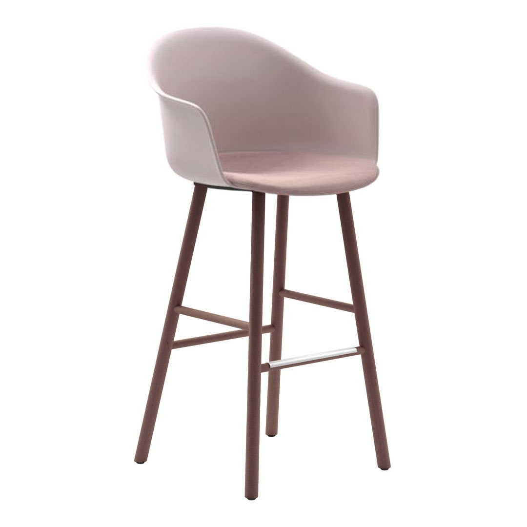 Light pink plastic seat with curved backrest and brown wooden legs, showcasing a sleek modern design.