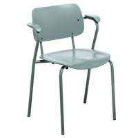 Light blue metal chair with a minimalist design and smooth, solid surfaces. Ideal for modern decor.
