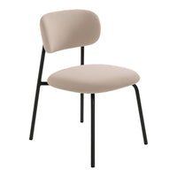 Beige upholstered chair with a sleek black metal frame, featuring a minimalistic design and smooth surfaces.