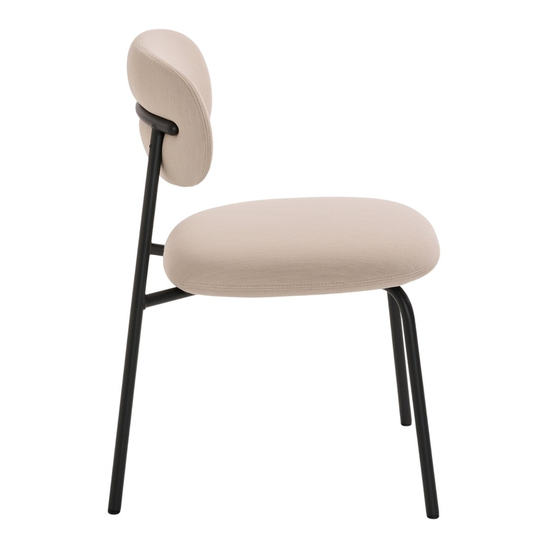 Beige upholstered chair with smooth curves and a black metal frame. Minimalist design for modern decor.