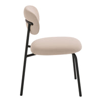 Beige upholstered chair with smooth curves and a black metal frame. Minimalist design for modern decor.