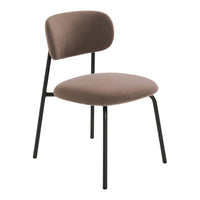 Brown upholstered chair with a smooth, rounded backrest and matte black metal legs, offering a minimalist design.