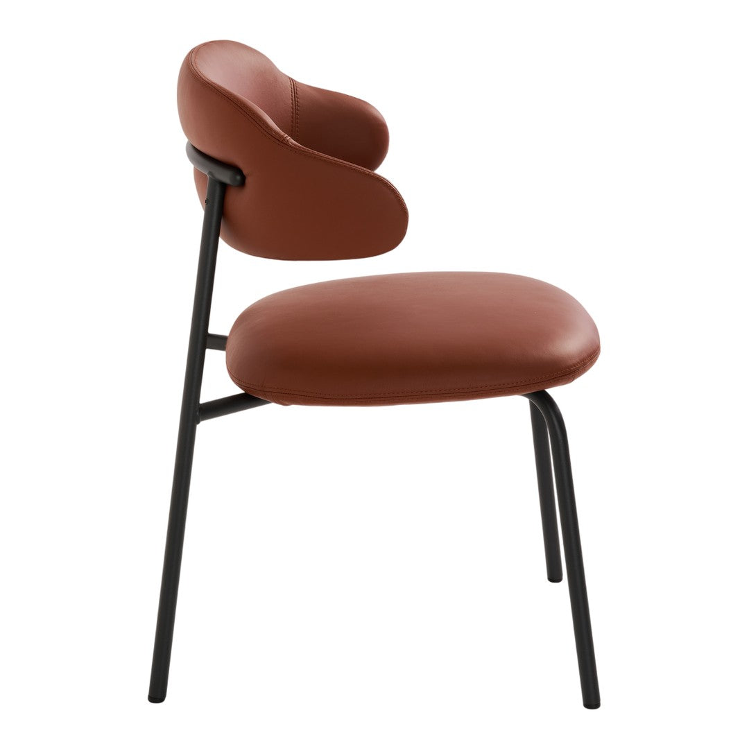 Modern chair featuring a rich brown seat and backrest with sleek black metal legs. Ideal for stylish decor.