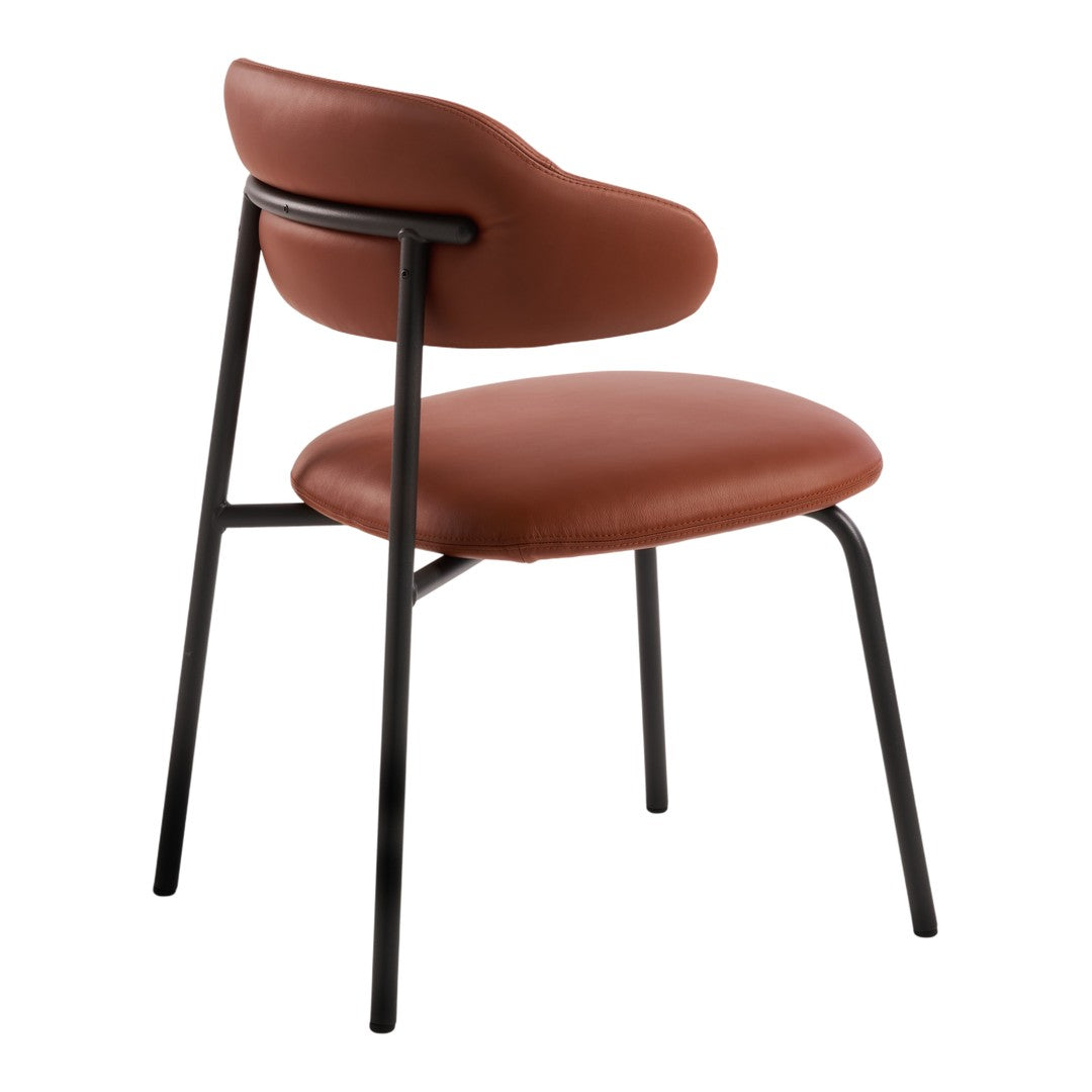 Stylish brown upholstered chair with sleek black metal legs and a curved backrest, ideal for modern interiors.