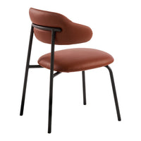 Stylish brown upholstered chair with sleek black metal legs and a curved backrest, ideal for modern interiors.