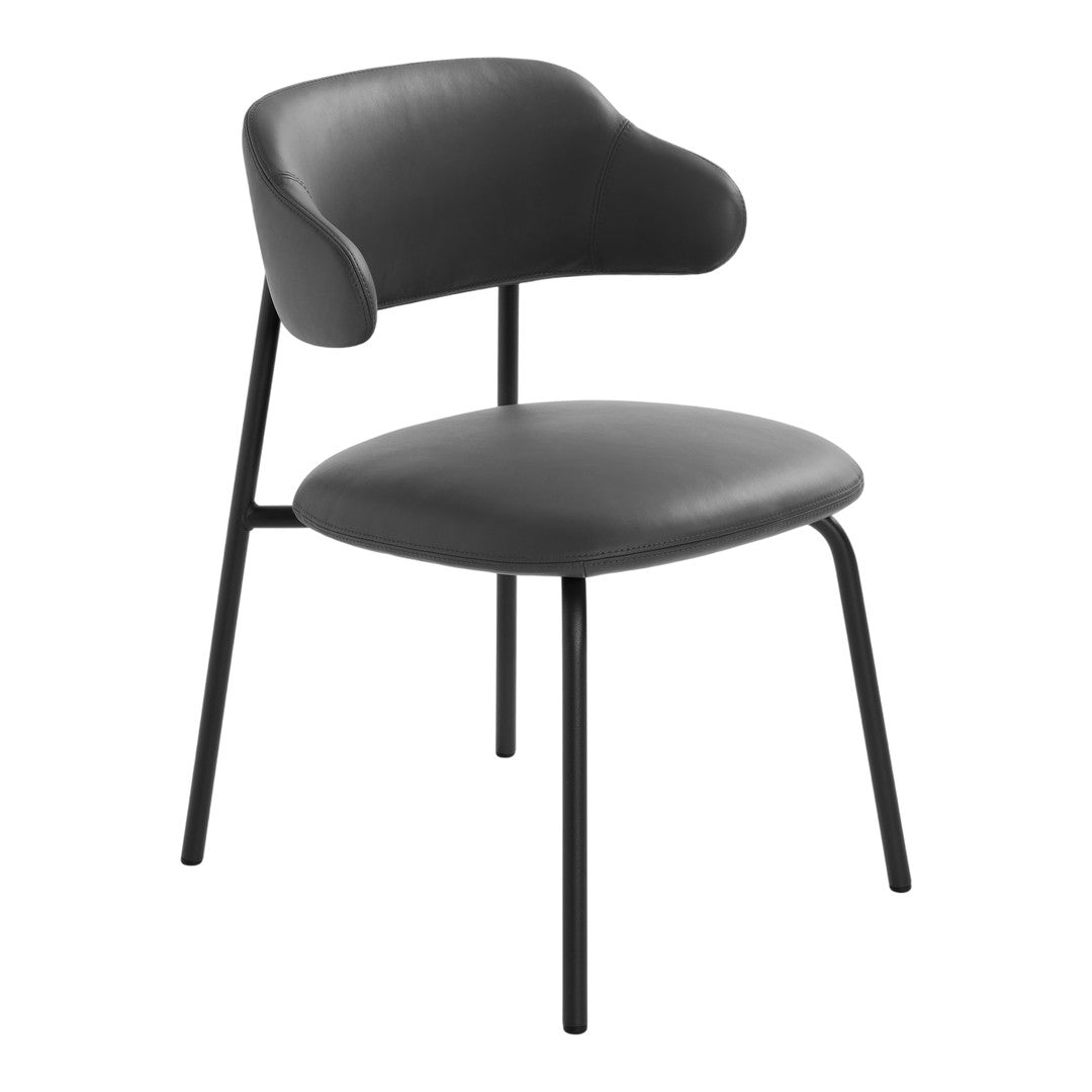 Sleek black padded chair with a minimalist design and curved backrest, resting on sturdy black metal legs.