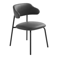 Sleek black padded chair with a minimalist design and curved backrest, resting on sturdy black metal legs.
