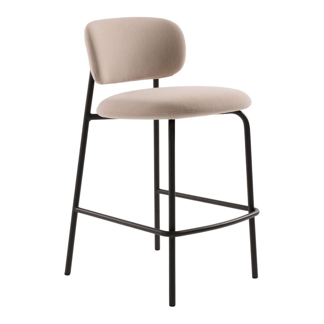 Beige upholstered bar stool with a sleek black metal frame, featuring a minimalist design and smooth, rounded edges.