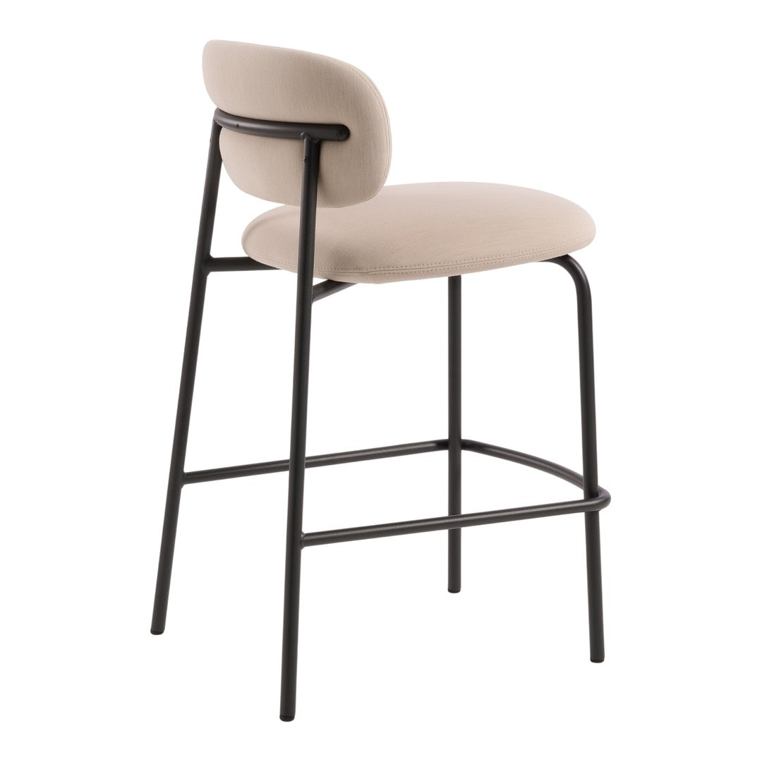 Beige upholstered bar stool with a sleek black metal frame and minimalist design. Perfect for modern decor.