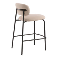 Beige upholstered bar stool with a sleek black metal frame and minimalist design. Perfect for modern decor.