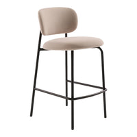 Beige upholstered barstool with a minimalist black metal frame, perfect for modern decor.