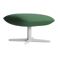 Green upholstered pouf with a smooth, rounded design and a white cross base. Perfect for modern decor.