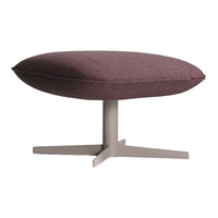 Round burgundy upholstered ottoman with a light gray metal base, featuring a sleek, modern design.